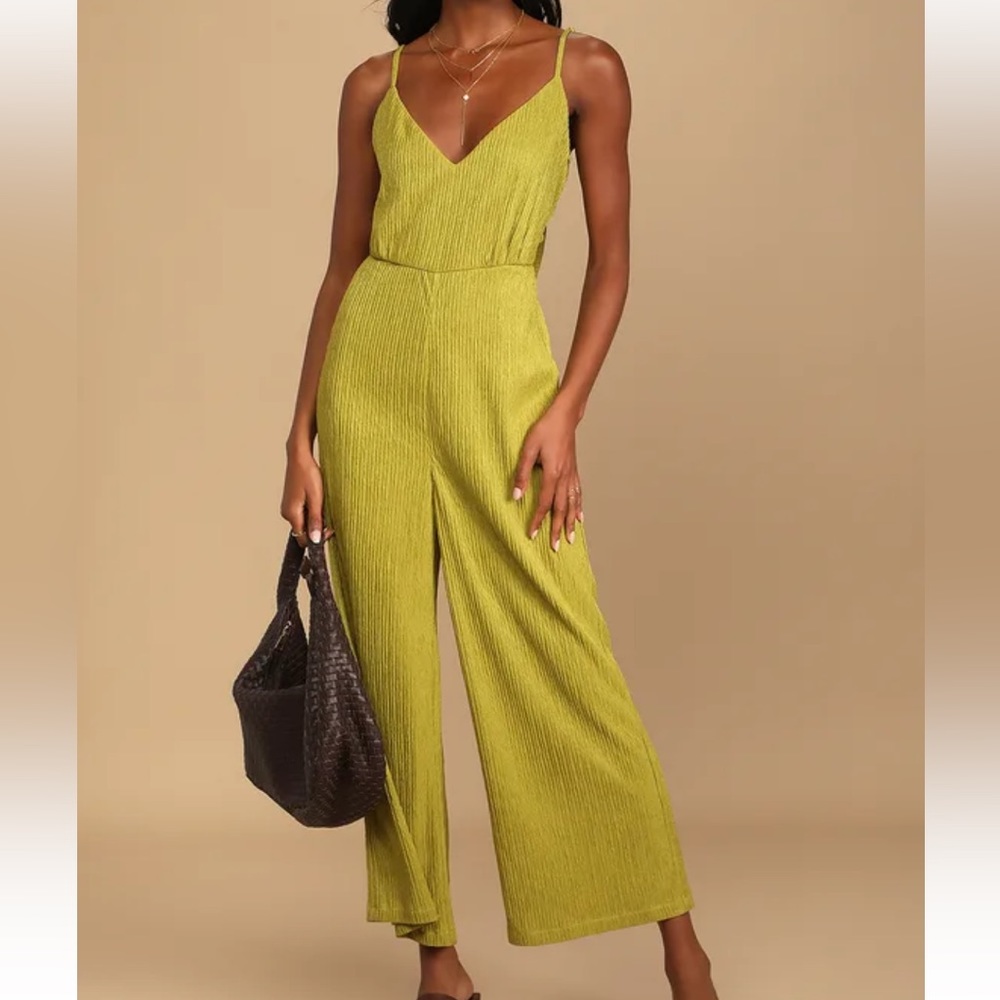 NWT Lulus Get the Groove Chartreuse Crinkled Tie-Back Wide-Leg Jumpsuit